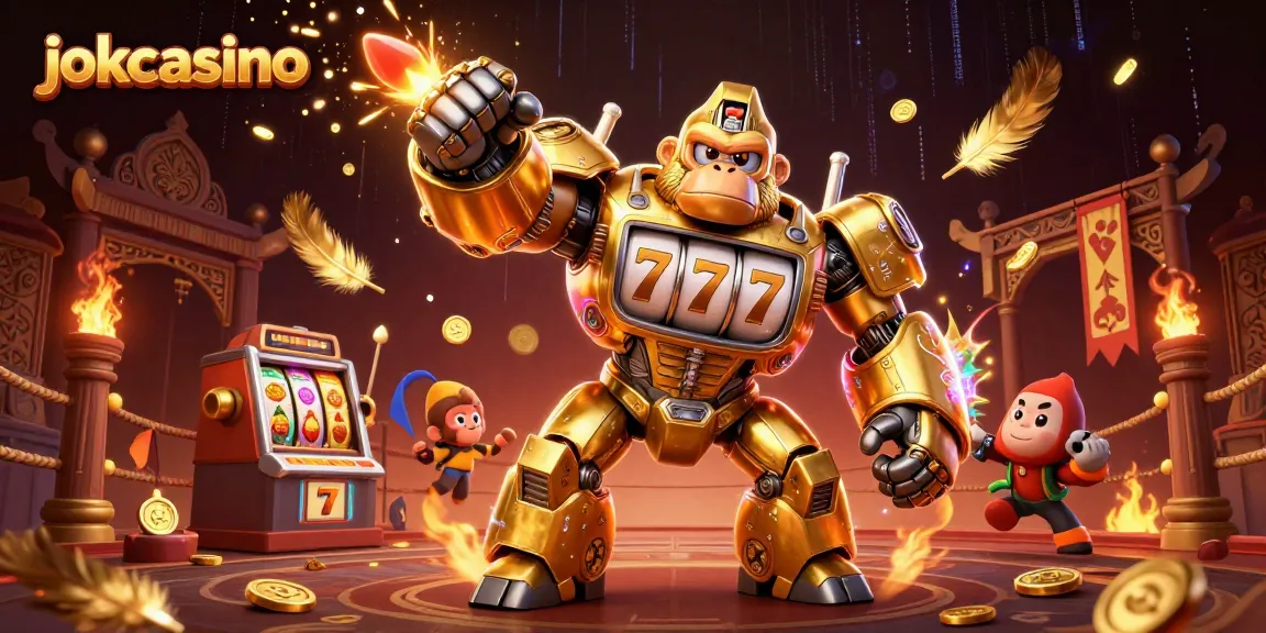 Catch winning spins at jokacasino with vibrant 3D golden gorilla mech and slot game elements.