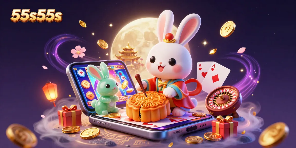 Spin in excitement with 55s55s: A vibrant casino theme illustrated with moon rabbits and gaming elements.