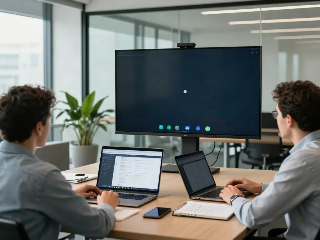 Deepfake-protected meetings in a modern corporate office with professionals collaborating on security solutions.