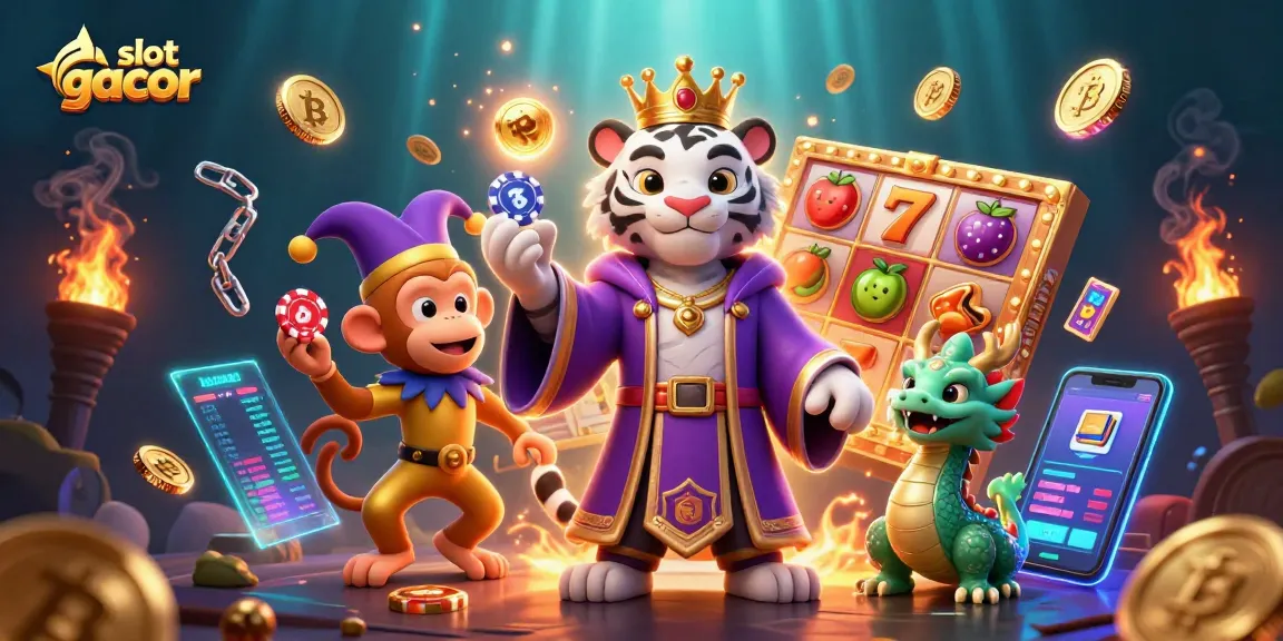Spin the reels on slot gacor with a vibrant illustration of a tiger, monkey, and dragon in a casino setting.