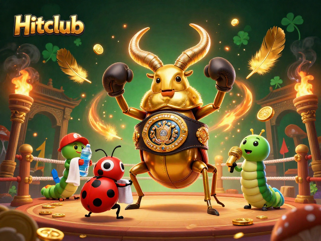 Hitclub gaming showdown with a giant stag beetle champion in a vibrant casino arena