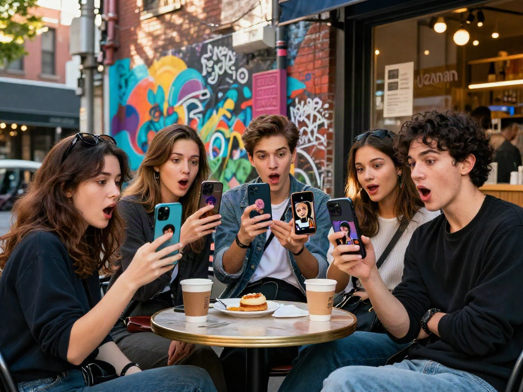 Friends exploring celebrity look like celebrities apps outdoors in a vibrant city.