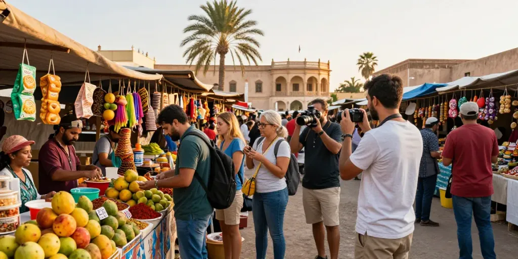 Travelers enjoying local delicacies at a vibrant market, showcasing tours and travel experiences.
