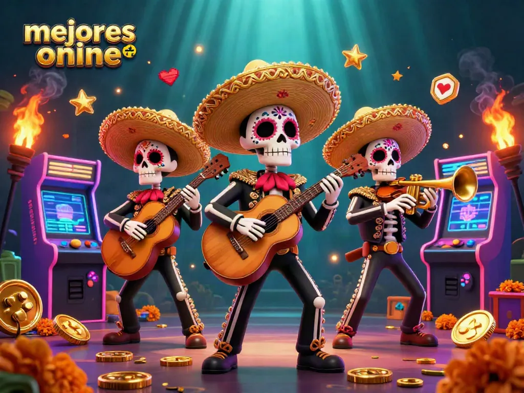 Mejores casinos online: ilustra un vibrante casino con calaveras de azúcar y elementos de juego 3D.