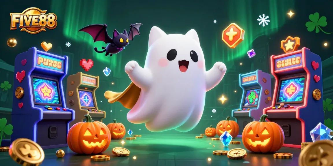 Engage in thrilling slots at FIVE88 featuring a ghost cat, vampire bat, and glowing jack-o-lanterns.