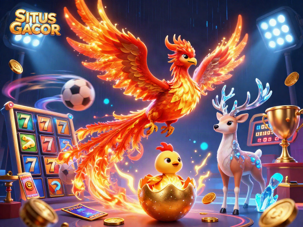 SITUS GACOR features an energetic 3D illustration with a fire phoenix and vibrant casino elements showcasing thrilling online slots.