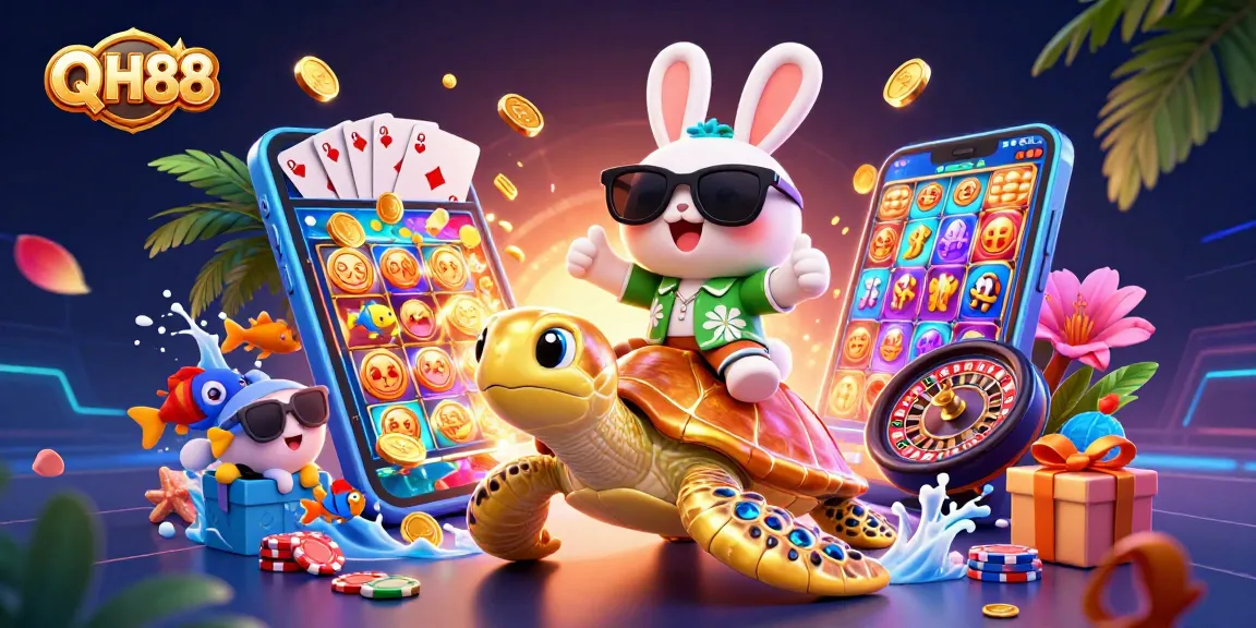 Join the excitement with QH88 as the lucky rabbit celebrates wins in a vibrant casino scene.