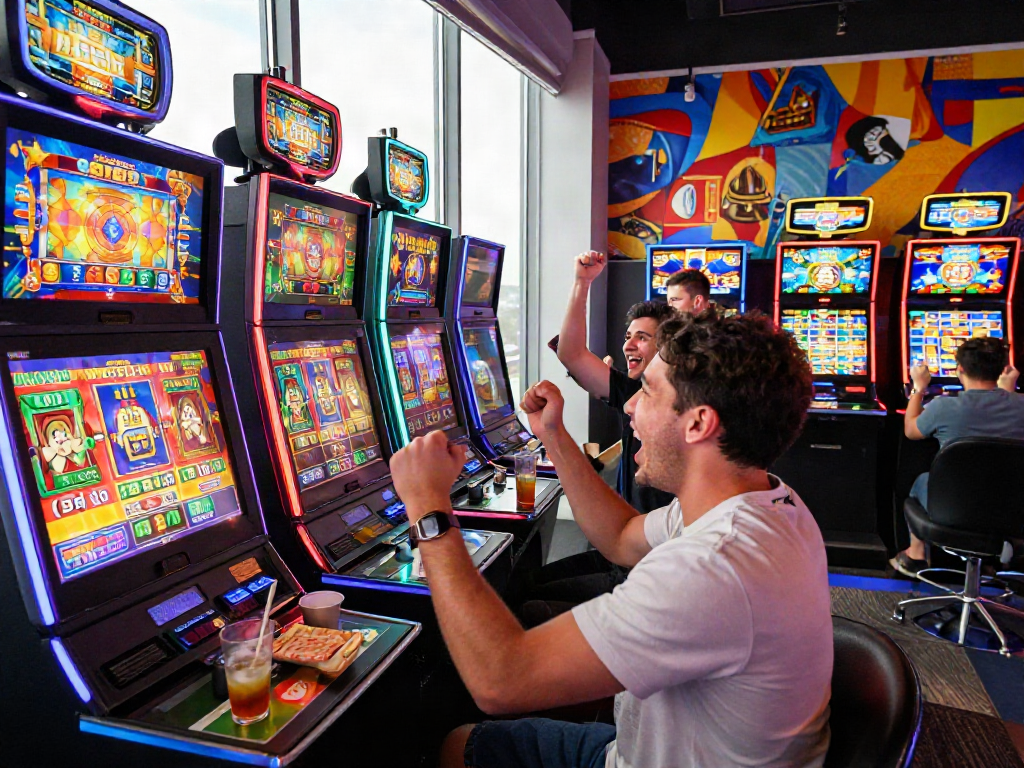 Player celebrating a big win with a slot bonus new member 100 in a lively casino.
