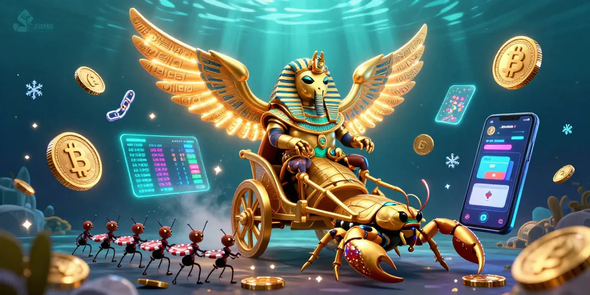 Engage with 55c55c's vibrant casino scene featuring a majestic golden scarab, scorpions, and crypto elements.