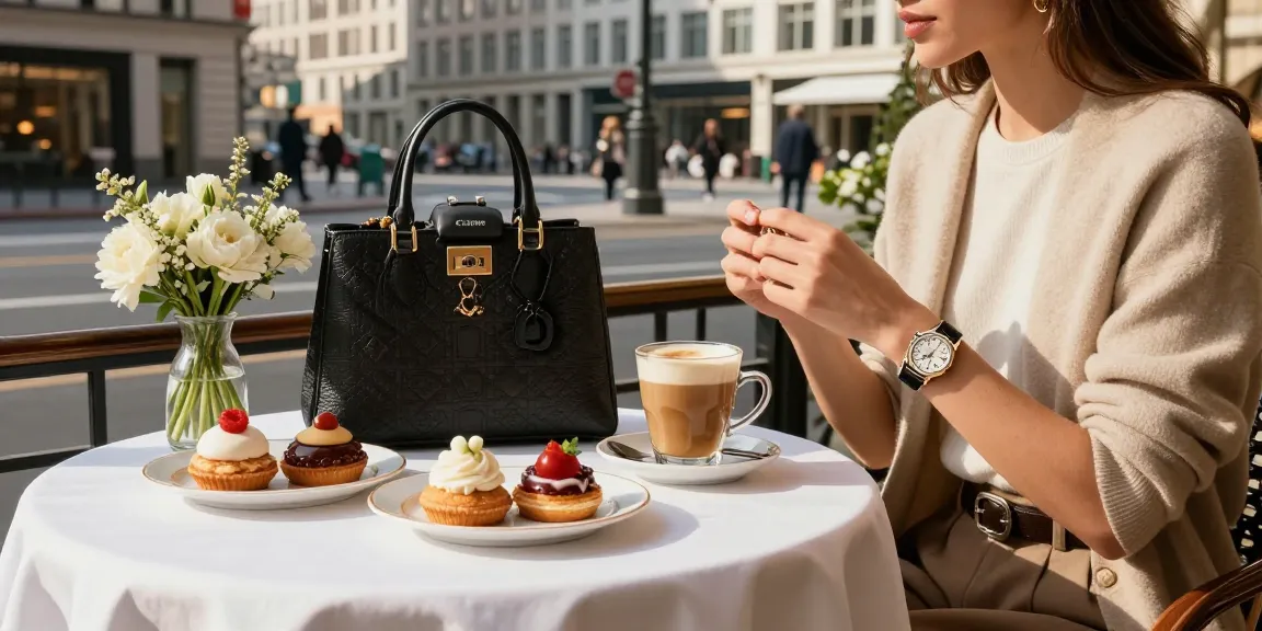Gaya hidup mewah di kota dengan luxury111, individu mengenakan fashion elegan sambil menikmati kopi gourmet.