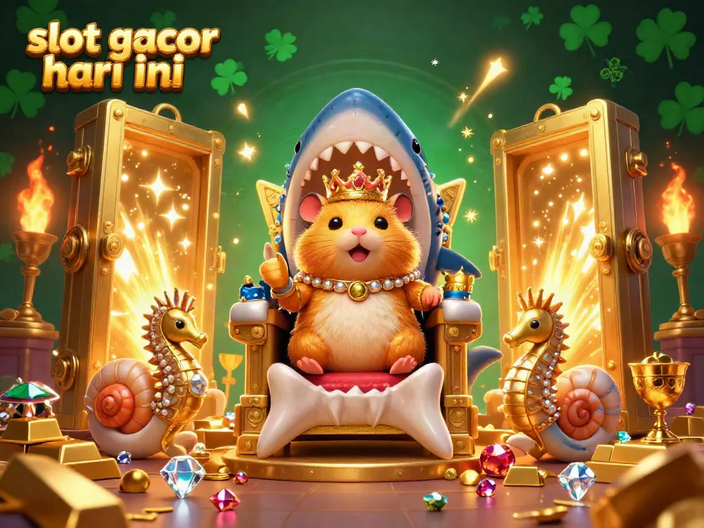 Gambar ilustrasi "slot gacor hari ini" menampilkan raja hamster emas kecil di atas singgasana gigi hiu megalodon dengan penjaga kuda laut.