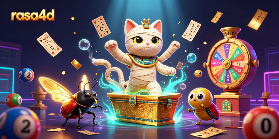 Rasa4d mempersembahkan ilustrasi kasino dengan kucing mummy 3D dan bola lotere berwarna-warni, menciptakan pengalaman bermain yang mengasyikkan.