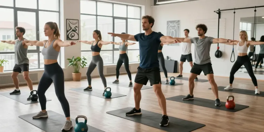 Group workout session showcasing benefits of 5 amino 1mq in a modern fitness studio.