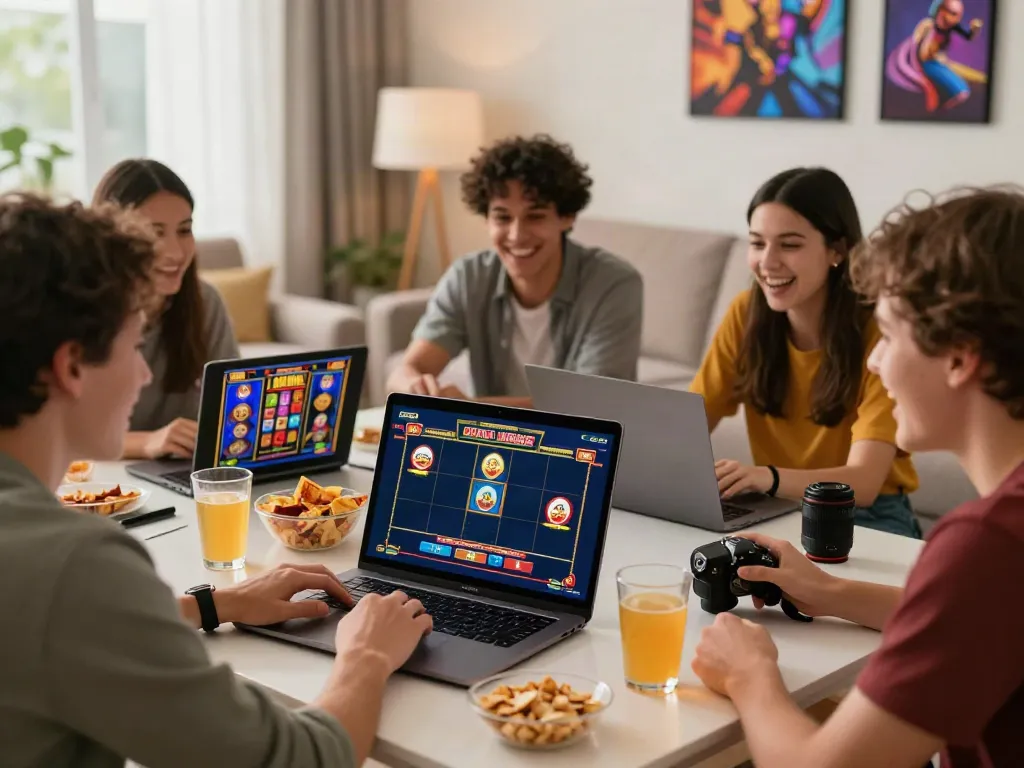 Friends enjoying a virtual gaming session with ahha4d slots.