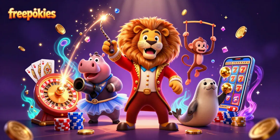 Experience exciting freepokies action with vibrant characters and casino elements in a magical scene.