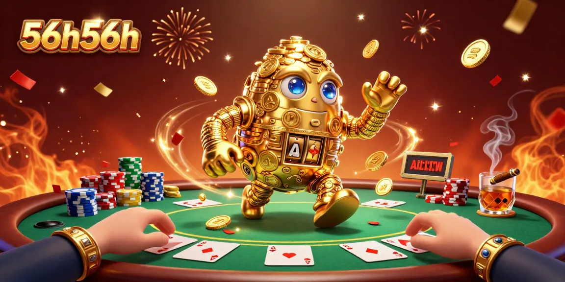 Experience excitement at 56h56h with a vibrant casino scene featuring a golden golem and a dynamic poker table.