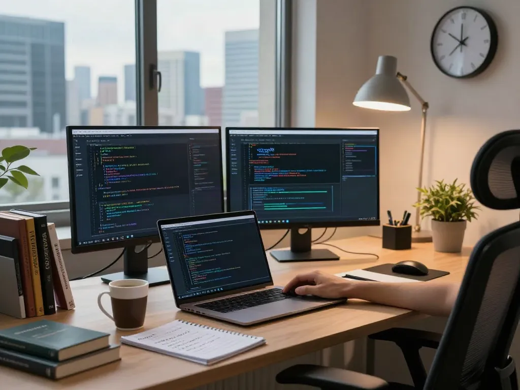 Workspace showing developer coding for v2rayN官网 with monitors and tech accessories