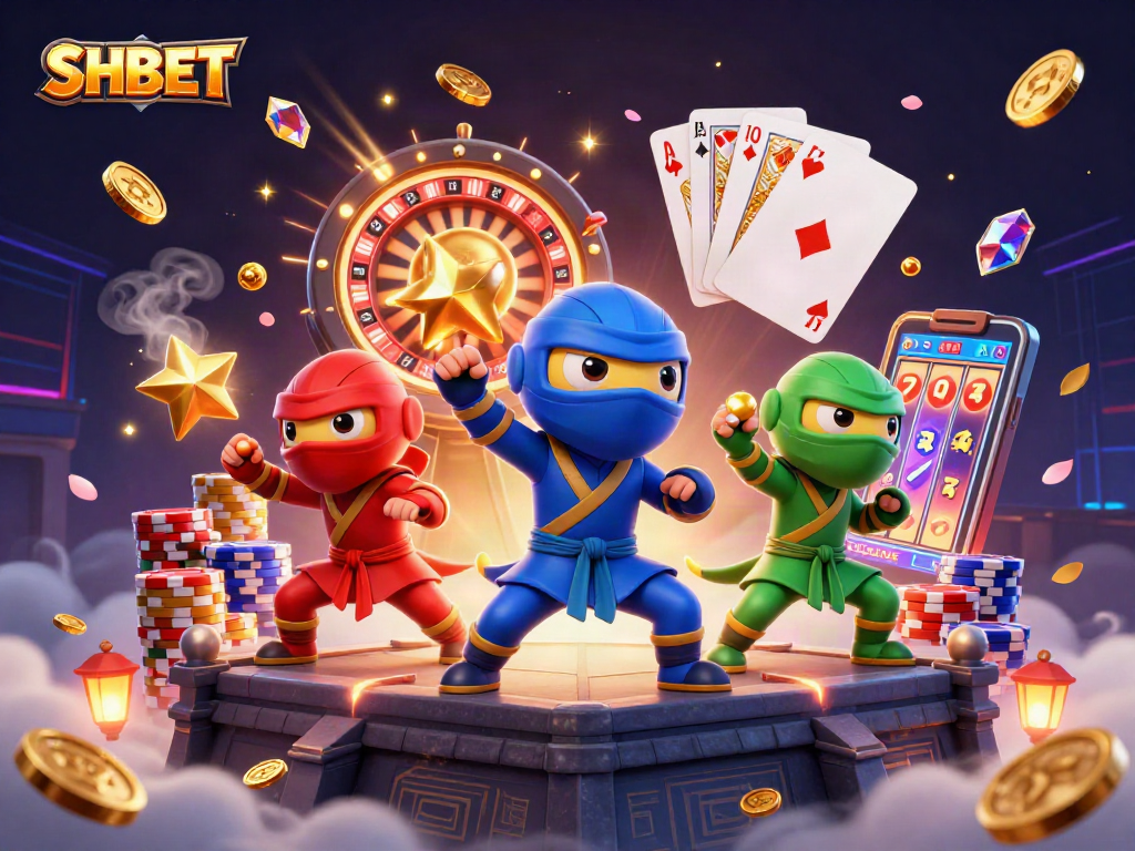 SHBET showcases a dynamic 3D illustration of ninja chameleons in a vibrant casino scene.
