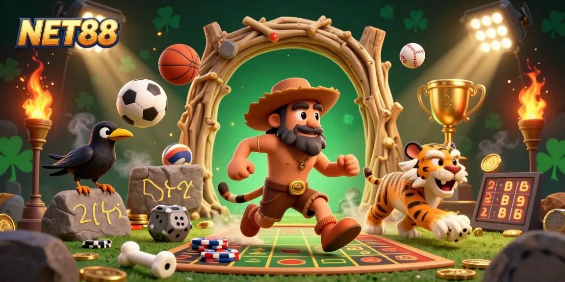NET88 showcases a vibrant sports-themed casino atmosphere with dynamic 3D prehistoric characters and elements.