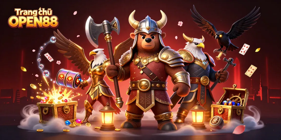 Engage with Trang chủ OPEN88 featuring a Viking bear and Valkyrie eagle in a thrilling casino scene.