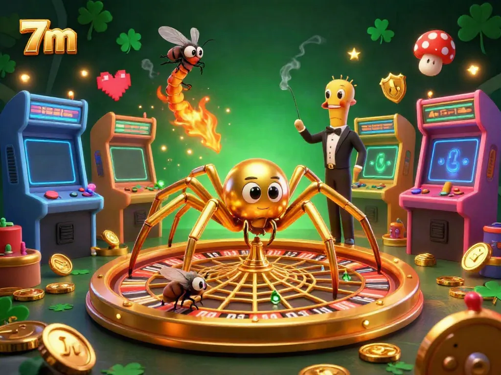 Experience live betting excitement with 7m's golden roulette wheel and vibrant gaming machines.
