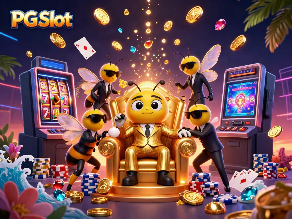 Permainan PG Slot yang menampilkan bos lebah dengan aset berkilau dan simbol jackpot