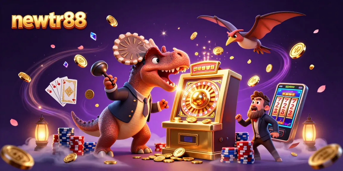 newtr88 features a pachycephalosaurus winning jackpots and coins in a vibrant cartoon casino scene