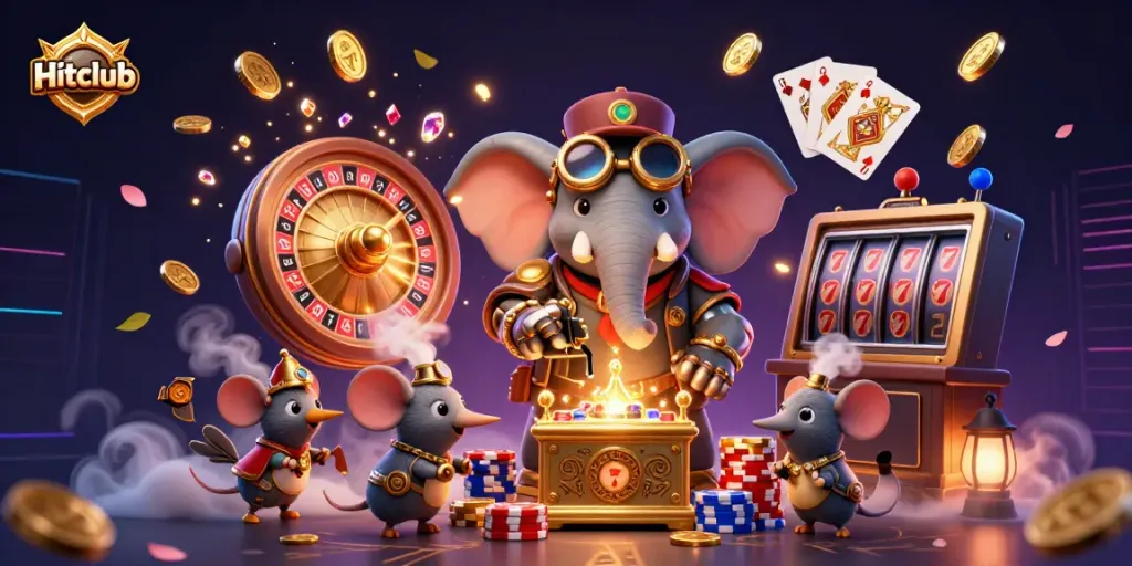 Experience thrilling gameplay at Hitclub with a lively 3D illustration of a steampunk elephant operating a slot machine amidst dazzling casino elements.