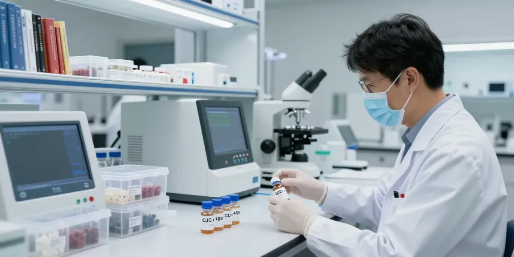 Researcher analyzing cjc+ipa compounds in a modern lab focused on precision and quality.