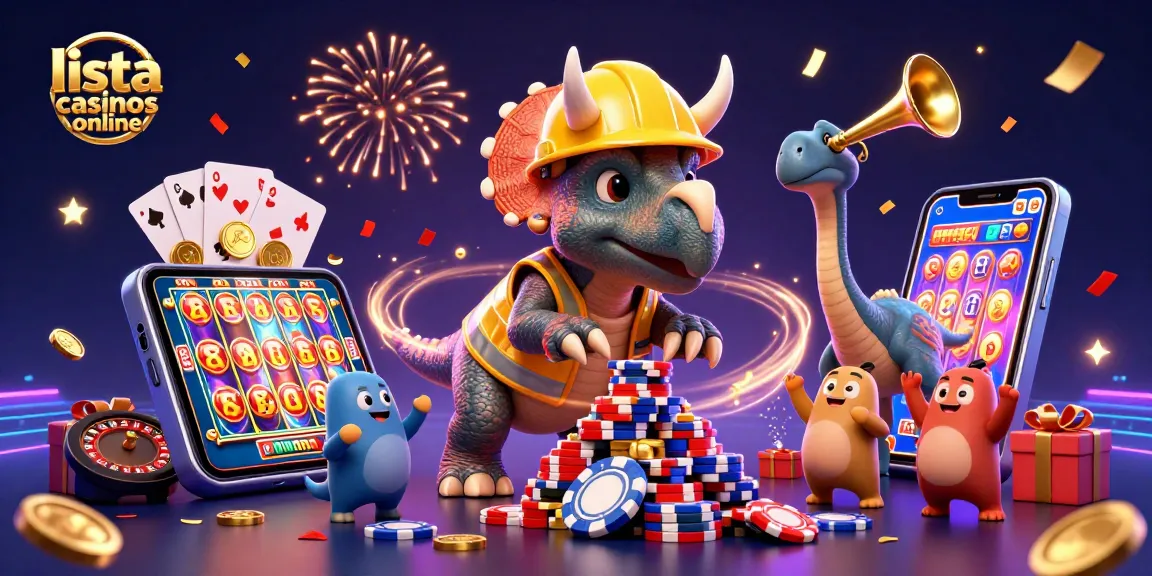 Celebra la lista casinos online con alegres dinosaurios jugando y apostando en un colorido casino.