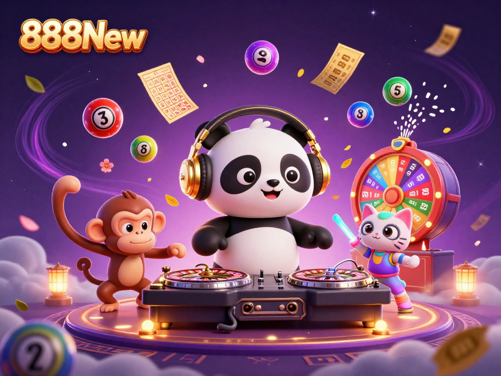 Join the fun at 888New with exciting lottery and casino elements, featuring a DJ panda!