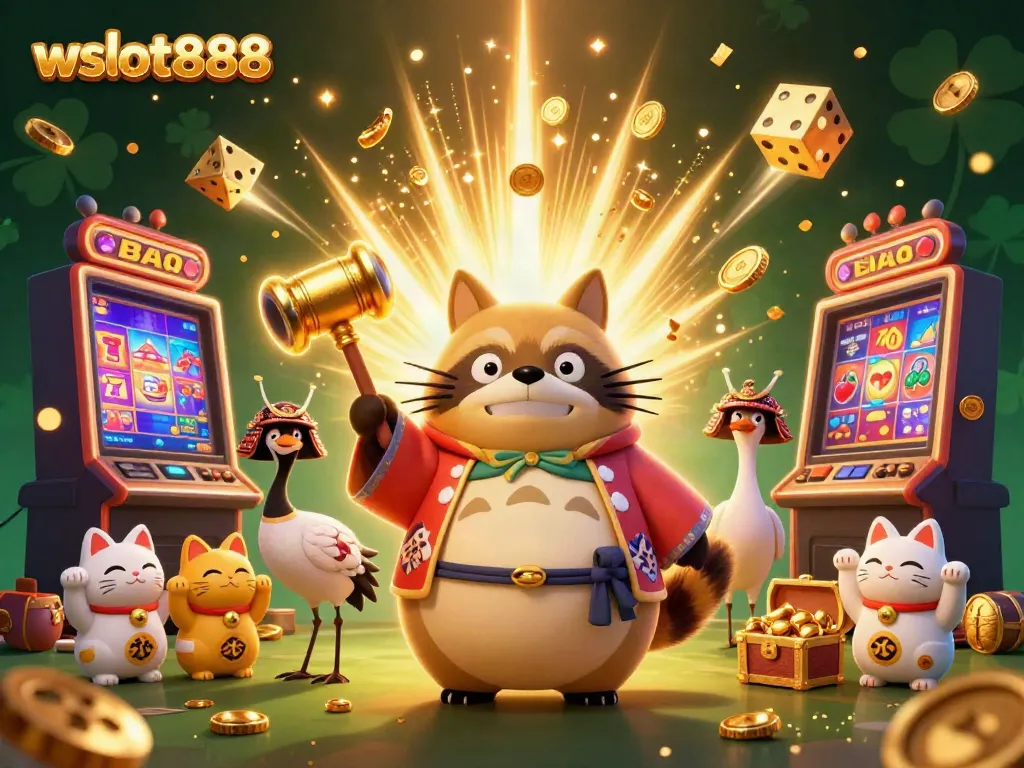 Visualisasi menarik wslot888 dengan tanuki, samurai crane, dan kucing maneki-neko di tengah mesin slot meledak.