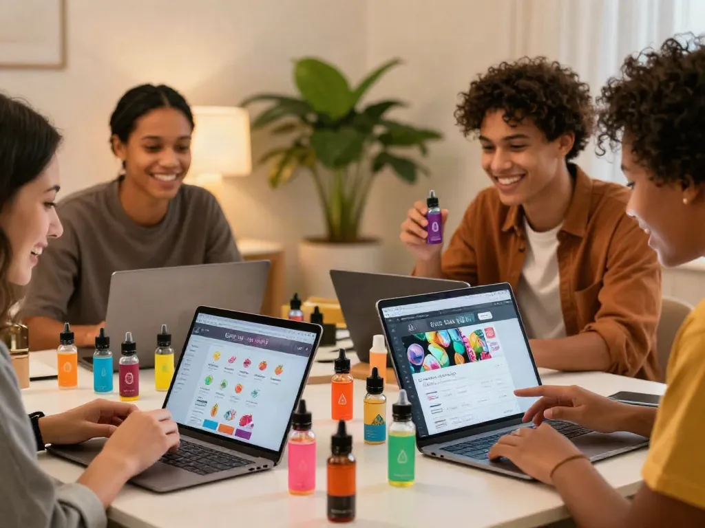 Friends enjoying vape juice online shopping experience, vibrant flavors and cheerful atmosphere.