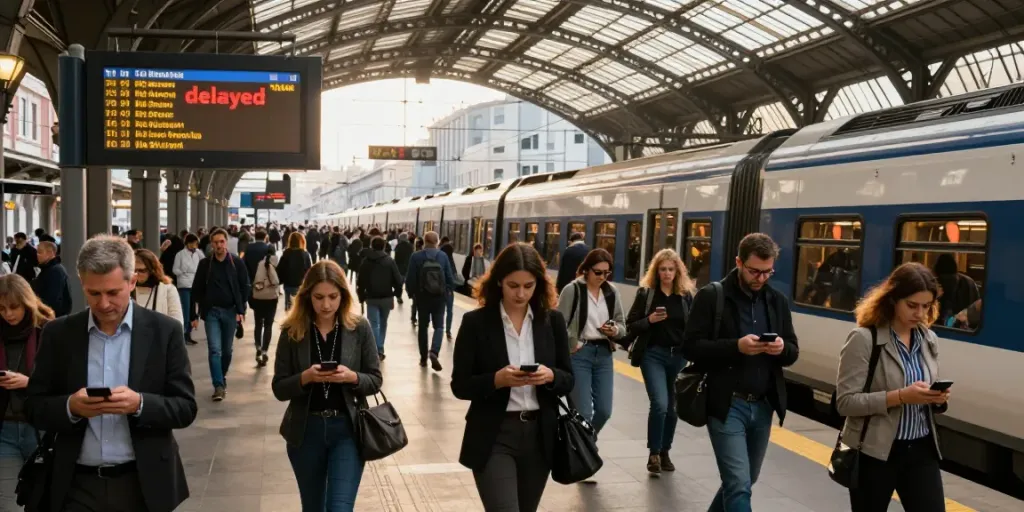 Commuters checking for train delays at a busy Italian train station.