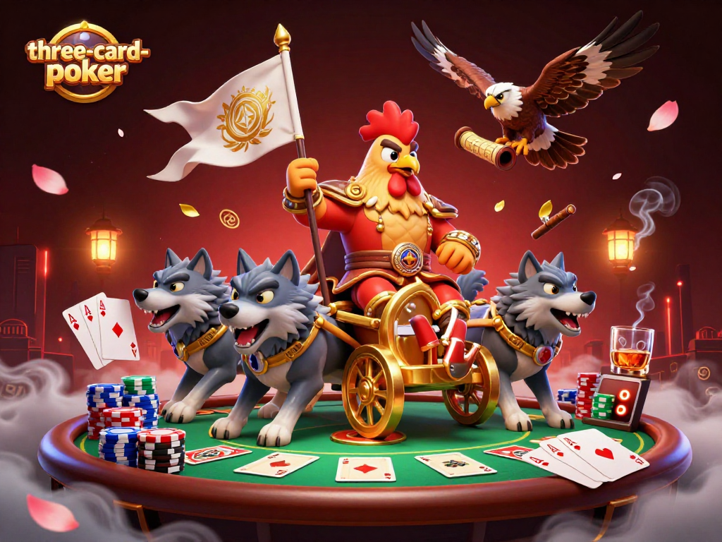 Engage in three-card-poker with a dynamic scene featuring a rooster warlord and poker elements.