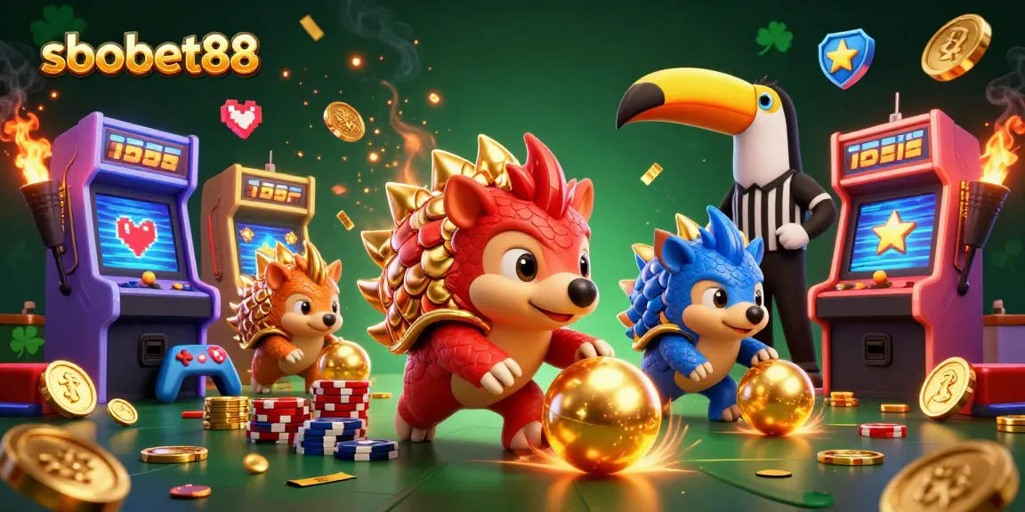 SBOBET88 pangolins competing in a lively casino scene with vibrant game elements.