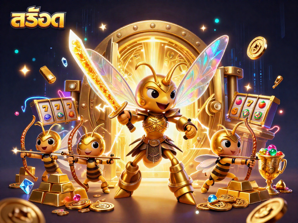 Play สล็อต in an exciting casino scene filled with golden treasures and vivid elements