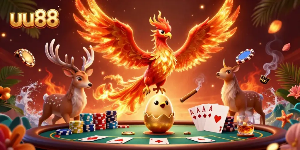 Experience thrilling poker action with uu88's vibrant casino scene featuring majestic mythical creatures.
