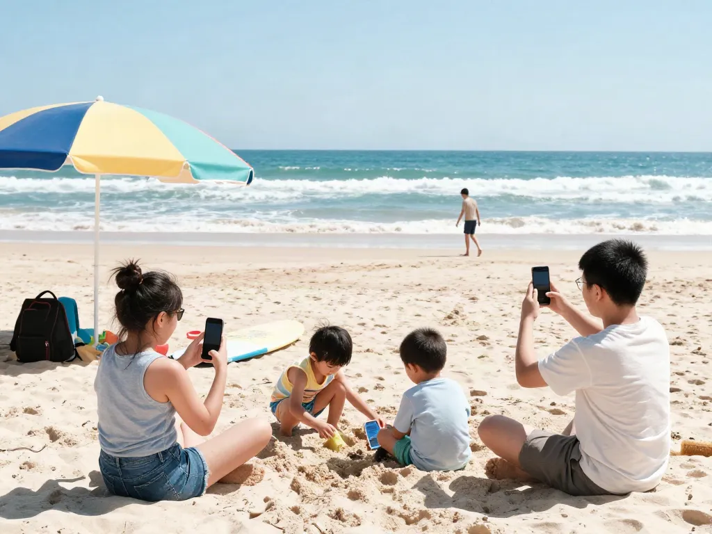 משפחה מטיילת בחוף נעים עם eSIM לחו"ל, טלפונים חכמים בידיים ושמש זורחת.