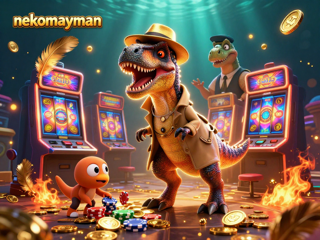 Experience thrilling gameplay at nekomayman while a velociraptor plays slots with a stegosaurus watching!