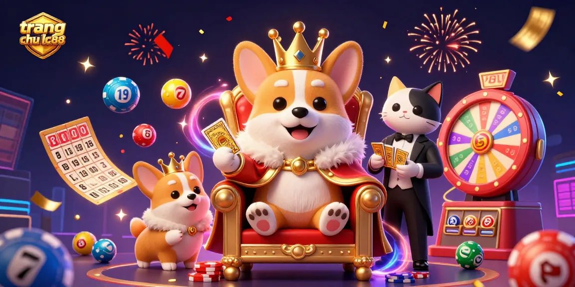 Engage with the vibrant world of trang chu lc88, featuring a royal corgi amidst dynamic lottery and casino elements.