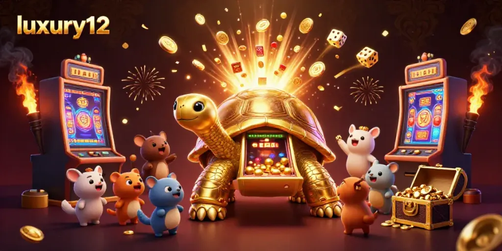 Spin and win at luxury12 with a vibrant illustration filled with jackpot excitement and animated characters.
