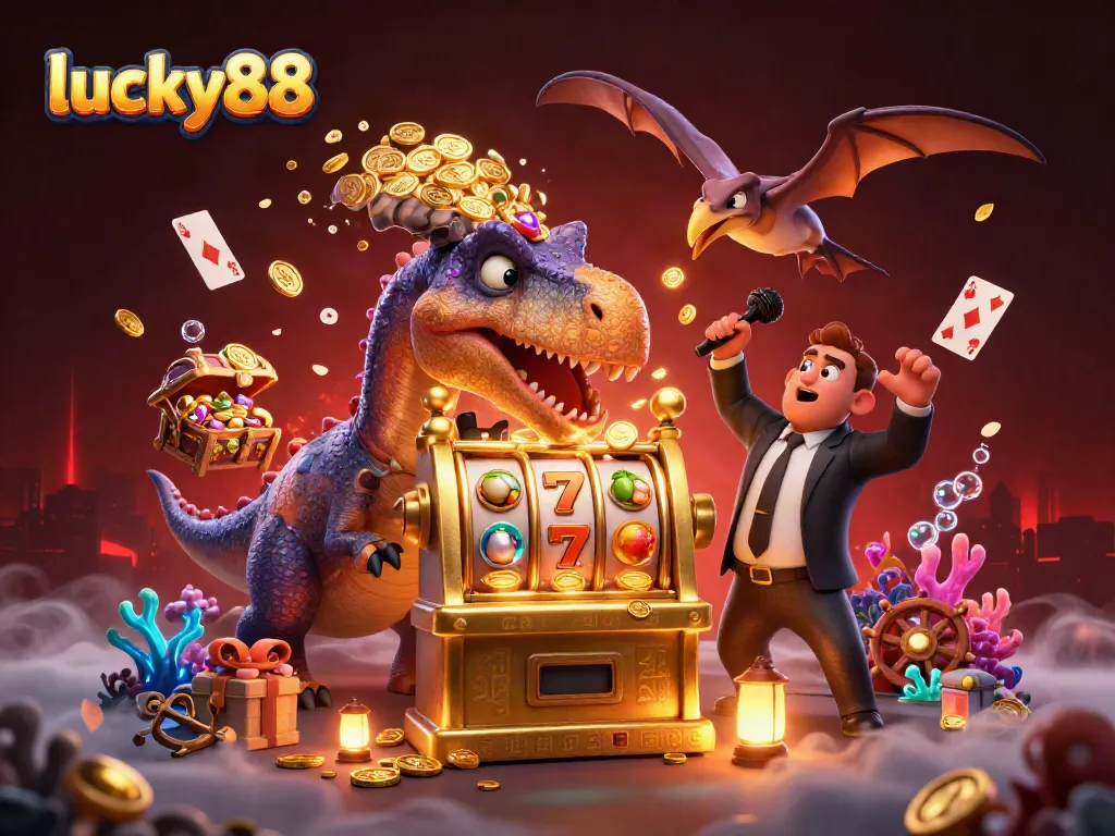 Experience the luck of winning big with lucky88 as a dinosaur celebrates slot machine jackpots in a vibrant casino scene.