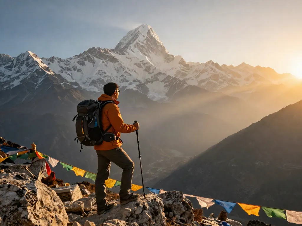 Hiker on the Manaslu Circuit at sunrise with Himalayan peaks.