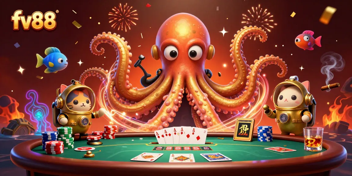 Experience thrilling poker action with fv88's colossal kraken and diving cat illustration