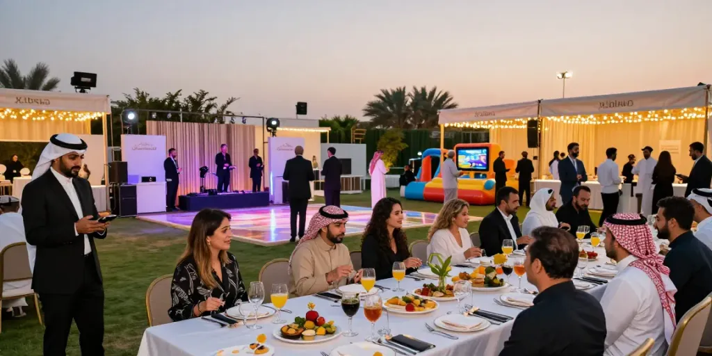 Event rentals at a vibrant outdoor corporate gathering in Saudi Arabia, showcasing elegant decor, entertainment options, and guest engagement.