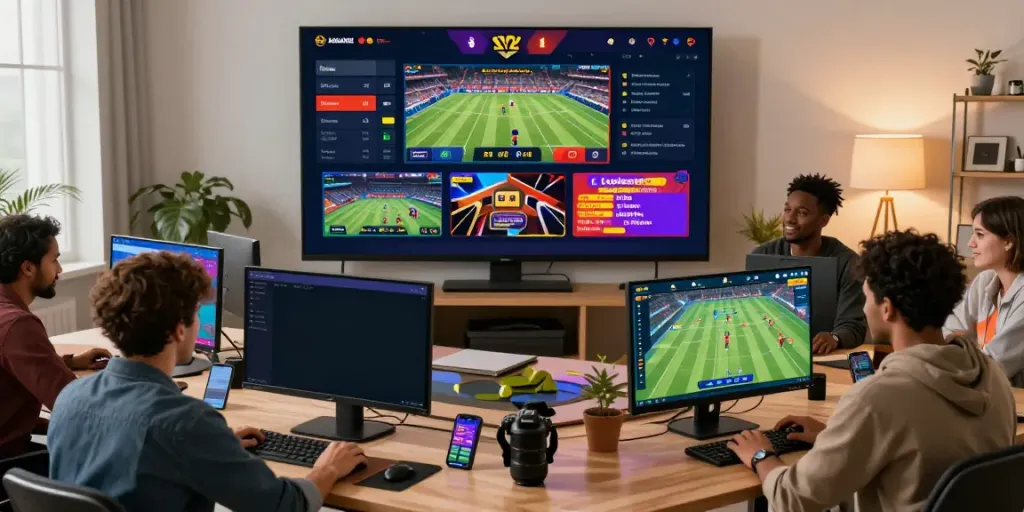 Online gaming experience at https://five888vin.com/ with players engaging in sports and casino games in a vibrant digital environment.