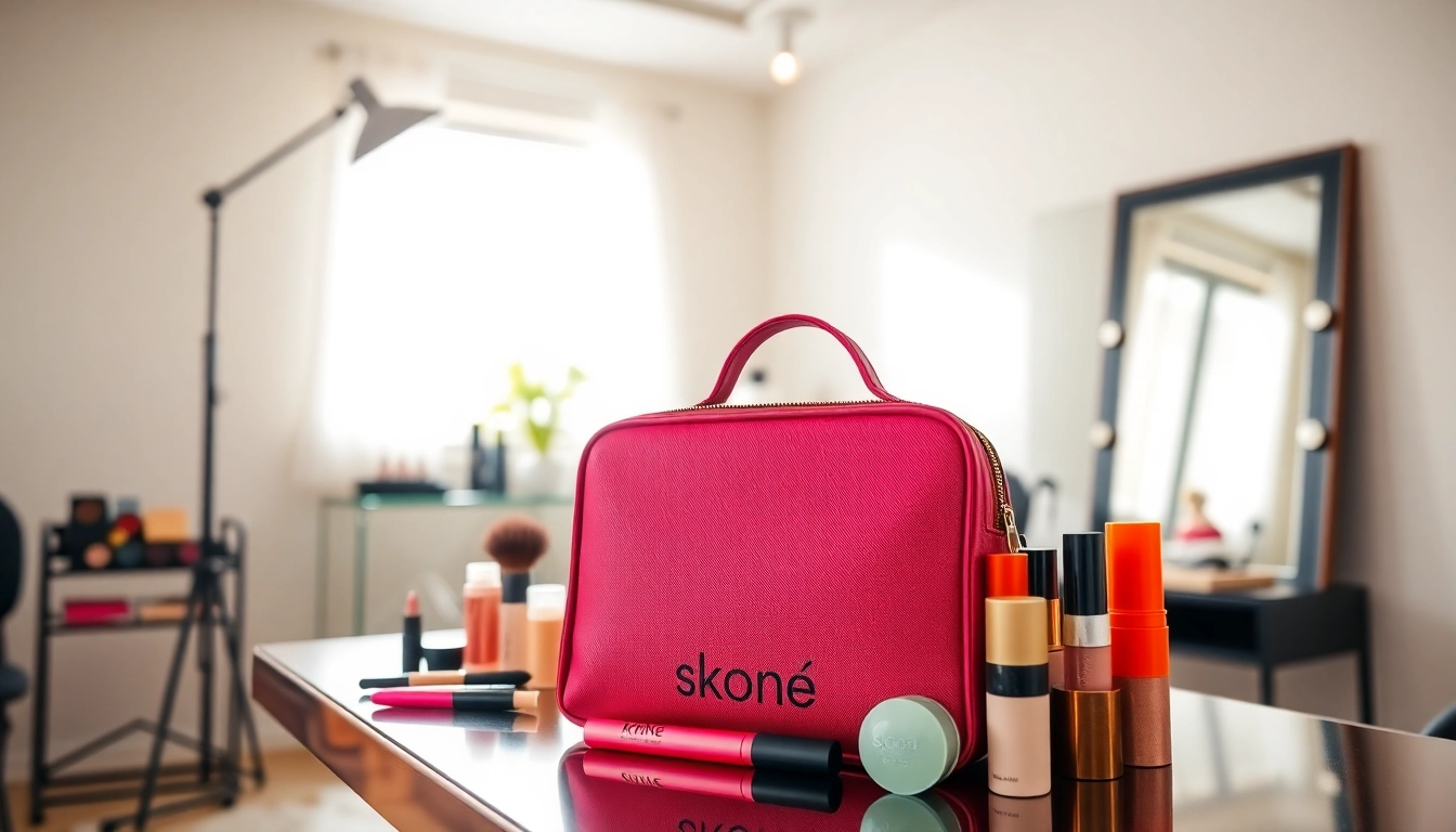 Showcase of skone cosmetics signature makeup bag with vibrant makeup products on display.