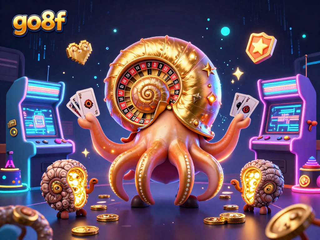 Experience the excitement of go8f with a colorful 3D casino illustration featuring gaming elements.