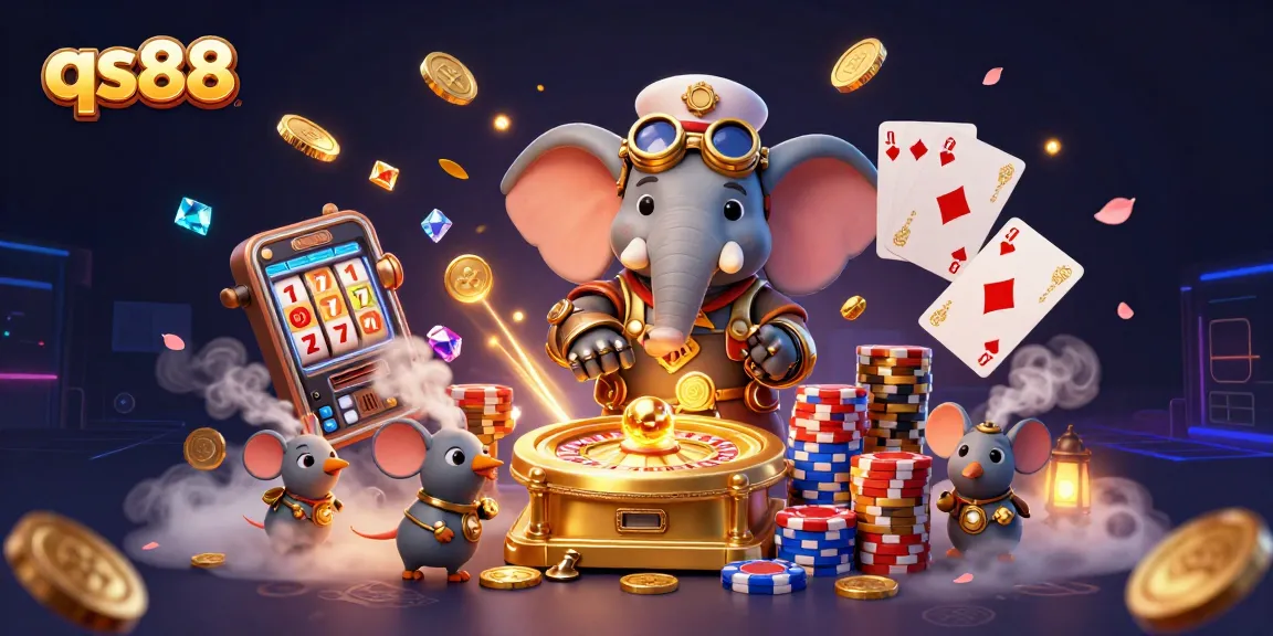 Experience thrilling wins at qs88 with a steampunk elephant operating a golden slot machine amidst vibrant casino elements.